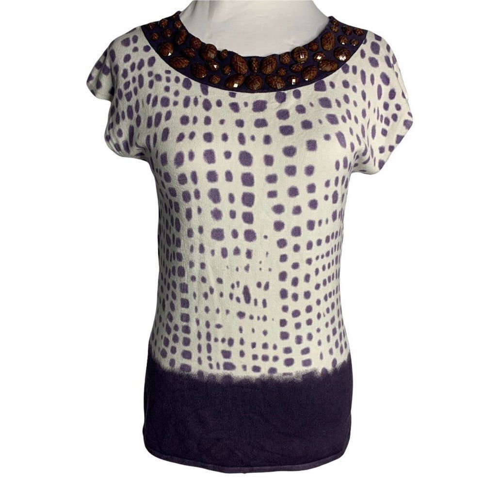 Venini Tie Dye Stretch Knit Top White Purple Beads